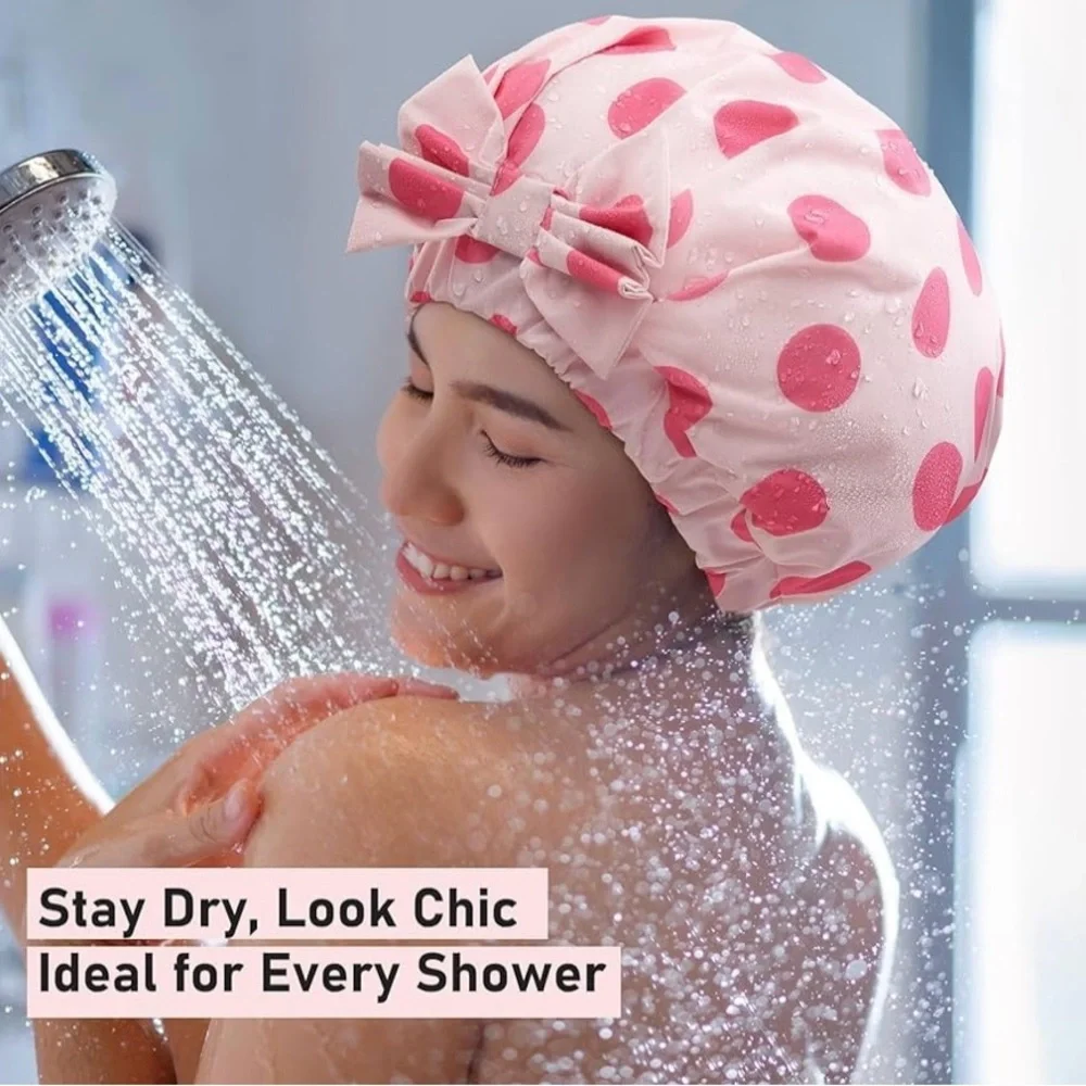Mulberry Silk Lined Pink Polka Dot Shower Cap with Bow Accent